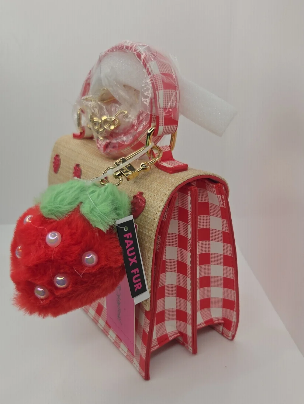 ❤️▪️Betsey Johnson▪️Red & Beige Strawberry Embellished Top-Handle Satchel